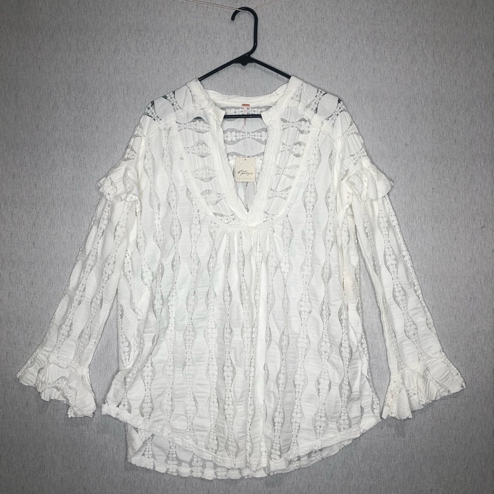 NWT Free People Candy Shop Tunic Womens M Ivory V-Neck Semi Sheer Ruffle Slouchy - Picture 2 of 15